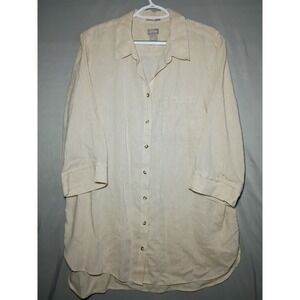 Chicos Shirt Women 3 Beige 100% Linen Button Up Collared 3/4 Sleeve Beach Casual